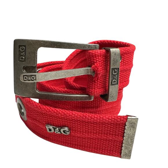 Y2K VTG Dolce & Gabbana Red Canvas Grommet Belt D&G Logo 27-34” Waist Grunge - Picture 1 of 8
